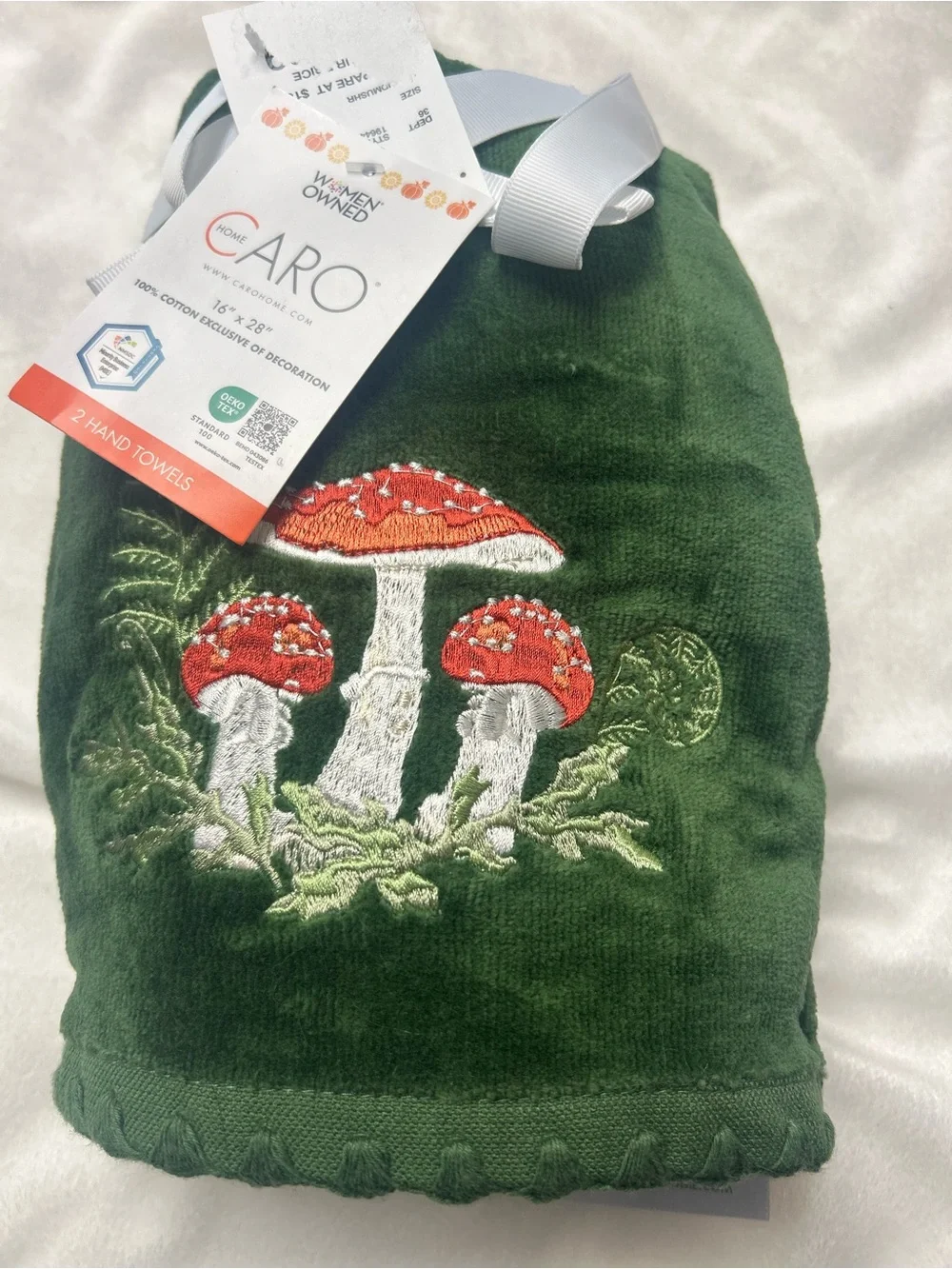 Embroidered Red Mushroom Velvet Hand towels- Forest Green Cottage Core set 2 New